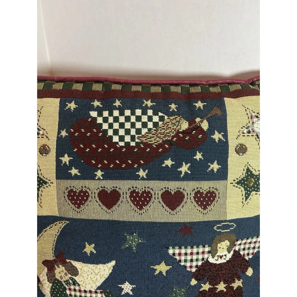 Vintage Christmas Tapestry Pillow Angels Moon Stars Folk Art Cottagecore Decor